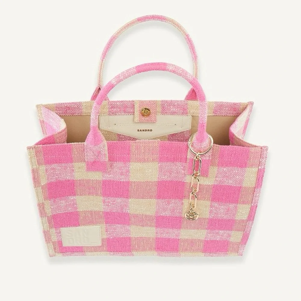 $450 SANDRO Kasbah gingham print cotton‎ tote bag shoulder bag pink cream white - Picture 5 of 10